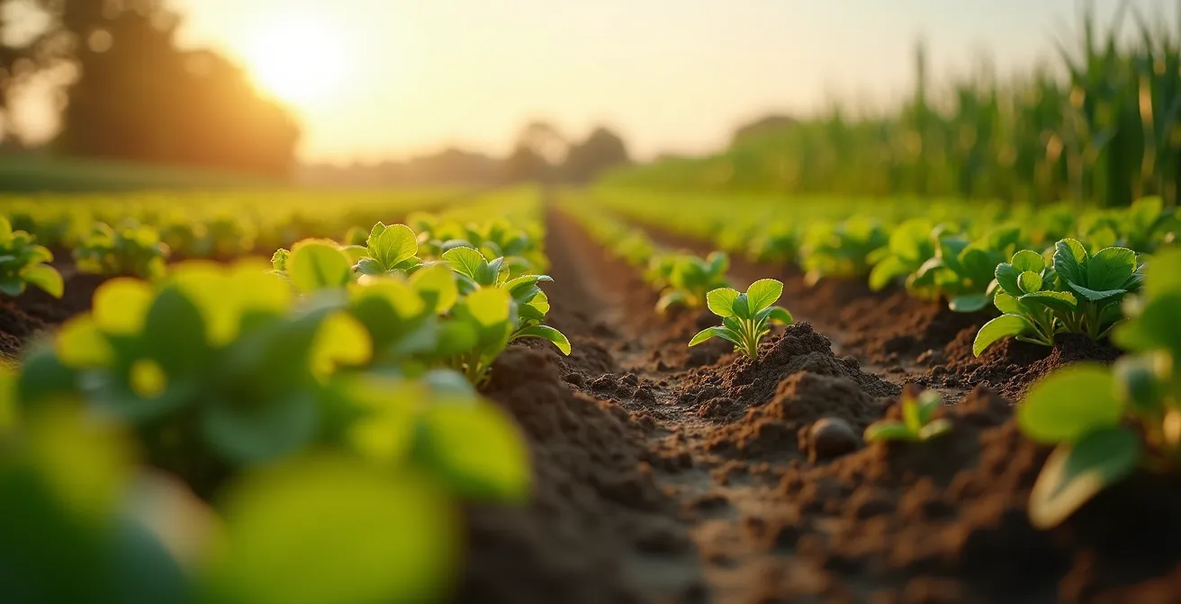 Champ agricole avec cultures diversifiées en rotations, incluant couvert végétal, éclairage doux en fin de journée, ambiance naturelle et écologique