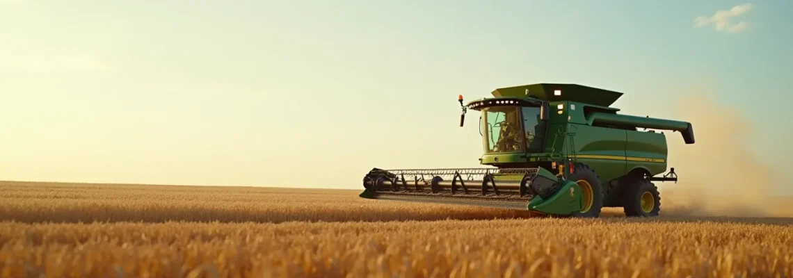 Scène agricole montrant un scalpeur mécanique en action dans un champ, avec une composition propre et un éclairage cinématographique naturel, mettant en valeur la texture précise du sol et des plantes, avec un cadre structuré selon la règle des tiers et un espace négatif clair.