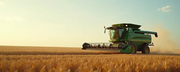 Scène agricole montrant un scalpeur mécanique en action dans un champ, avec une composition propre et un éclairage cinématographique naturel, mettant en valeur la texture précise du sol et des plantes, avec un cadre structuré selon la règle des tiers et un espace négatif clair.