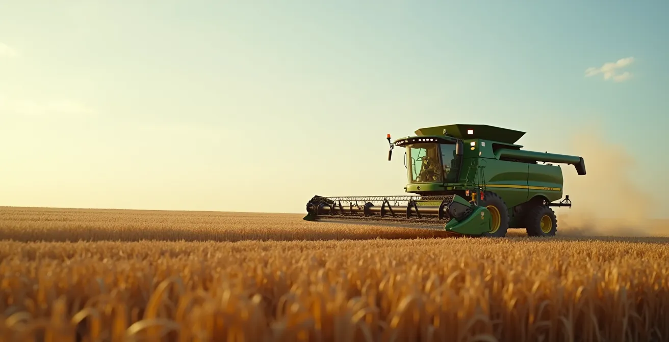 Scène agricole montrant un scalpeur mécanique en action dans un champ, avec une composition propre et un éclairage cinématographique naturel, mettant en valeur la texture précise du sol et des plantes, avec un cadre structuré selon la règle des tiers et un espace négatif clair.