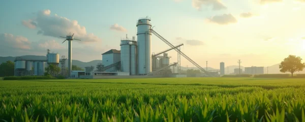 Illustration photo-réaliste montrant une ferme moderne avec équipements agricoles et installations de transformation agroalimentaire en arrière-plan, éclairage naturel avec profondeur de champ réduite et ambiance professionnelle.
