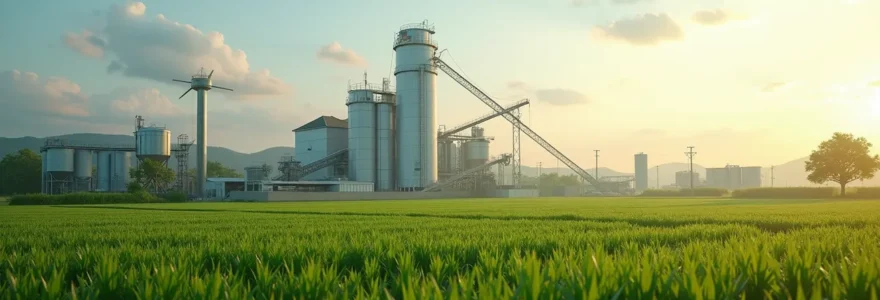 Illustration photo-réaliste montrant une ferme moderne avec équipements agricoles et installations de transformation agroalimentaire en arrière-plan, éclairage naturel avec profondeur de champ réduite et ambiance professionnelle.