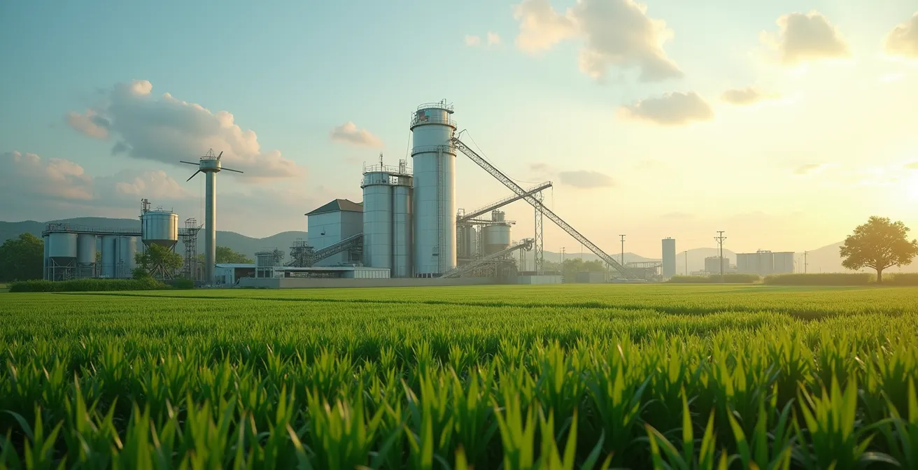 Illustration photo-réaliste montrant une ferme moderne avec équipements agricoles et installations de transformation agroalimentaire en arrière-plan, éclairage naturel avec profondeur de champ réduite et ambiance professionnelle.