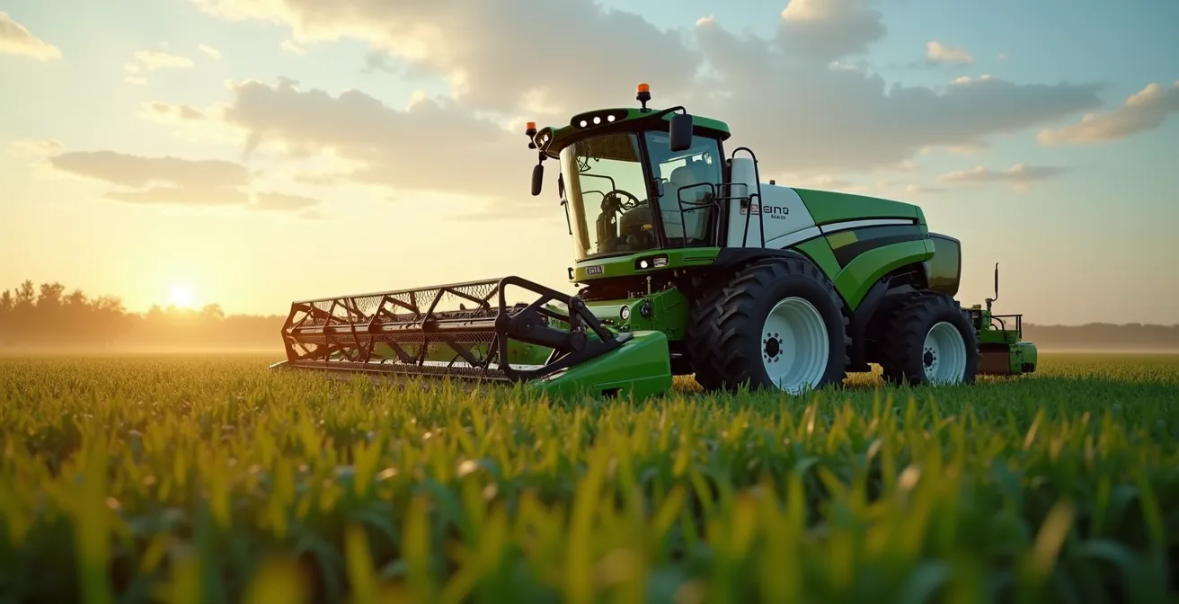Machine agricole innovante avec haute technologie sur un champ, lumière vive et textures techniques fines