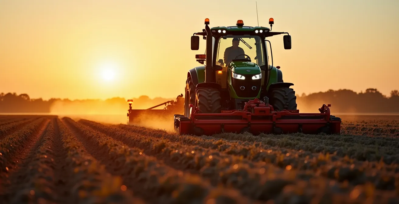 Vue environnementale d'un tracteur équipé de scalpeur et dispositif GPS guidant précisément le passage en champ ouvert au lever du soleil.