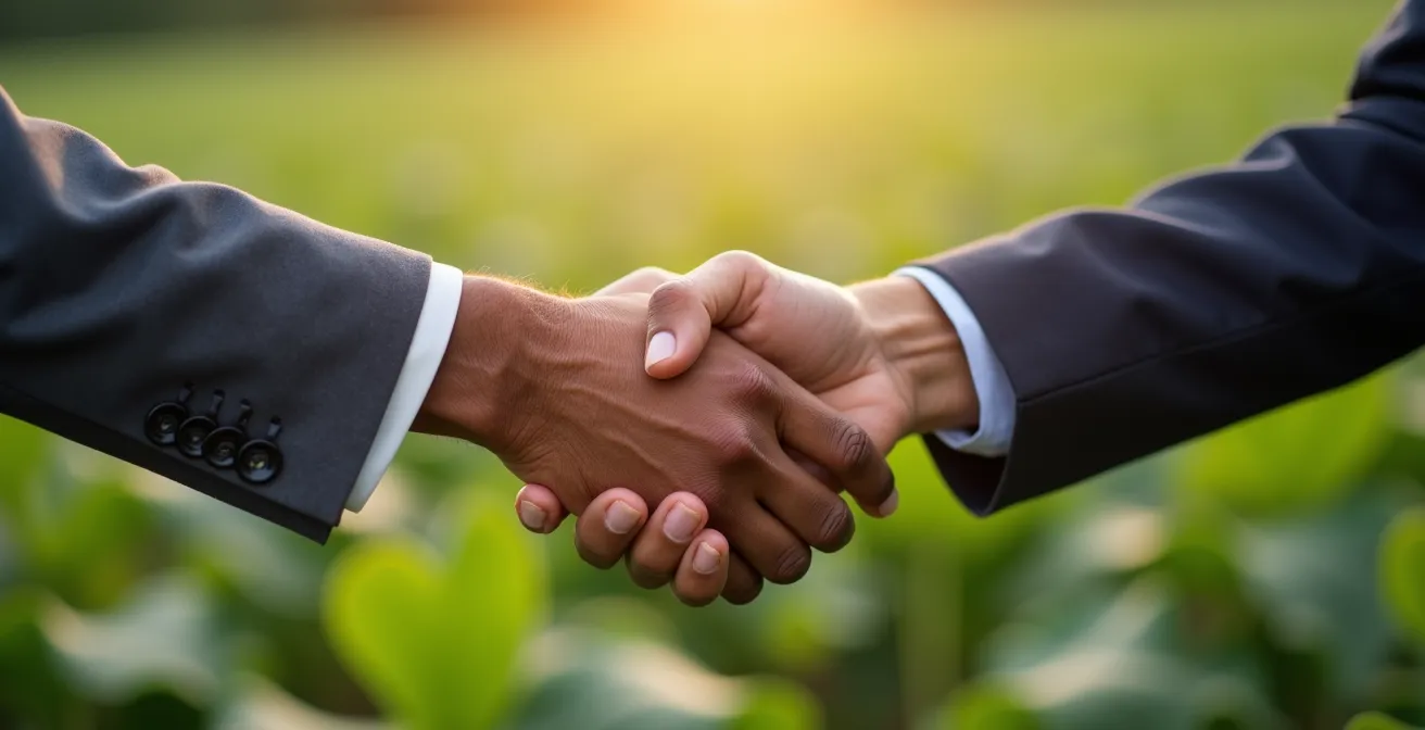 Poignée de mains multiculturelle symbolisant un partenariat durable dans le secteur agroalimentaire, lumière douce et ambiance professionnelle