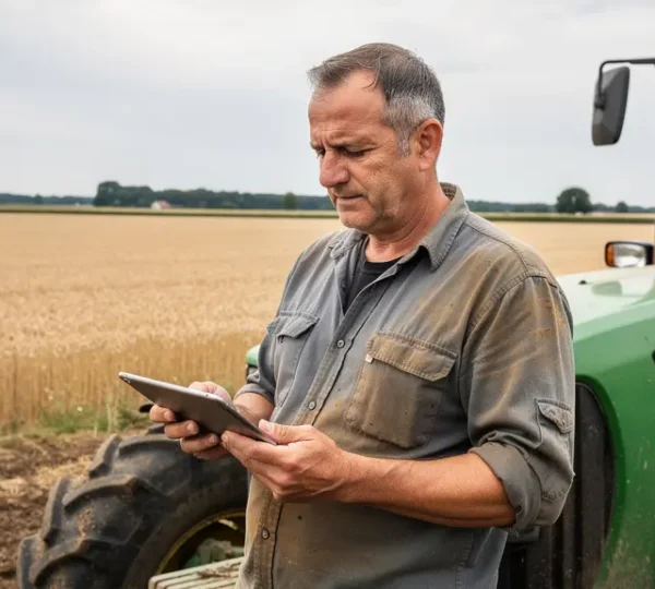 Agriculteur consultant un logiciel agricole sur tablette près de son tracteur en plein champ