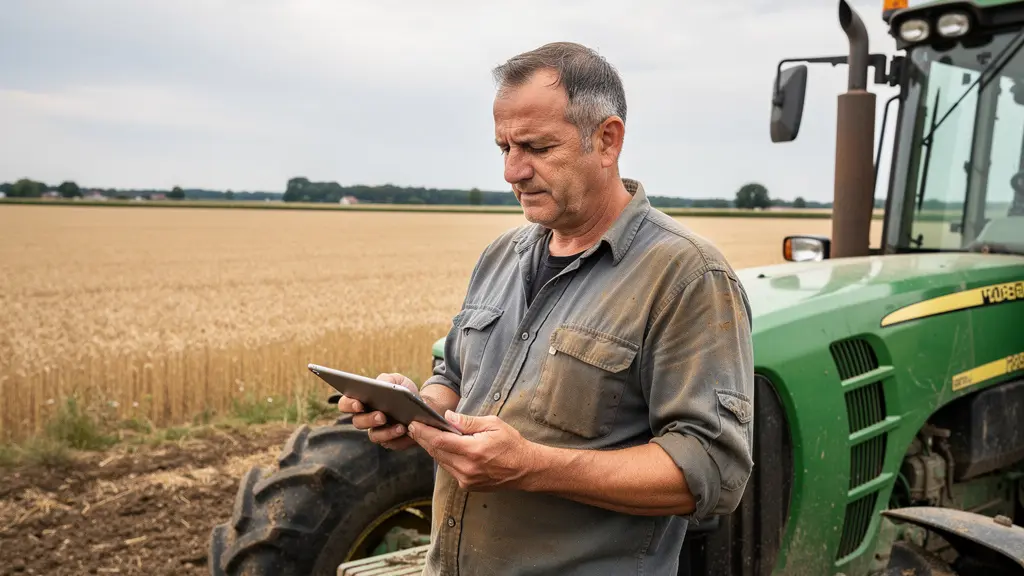 Agriculteur consultant un logiciel agricole sur tablette près de son tracteur en plein champ