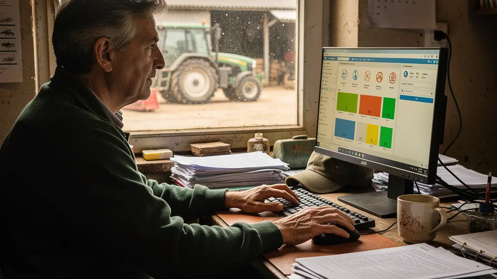 Exploitant agricole consultant un logiciel de gestion sur ordinateur dans son bureau de ferme