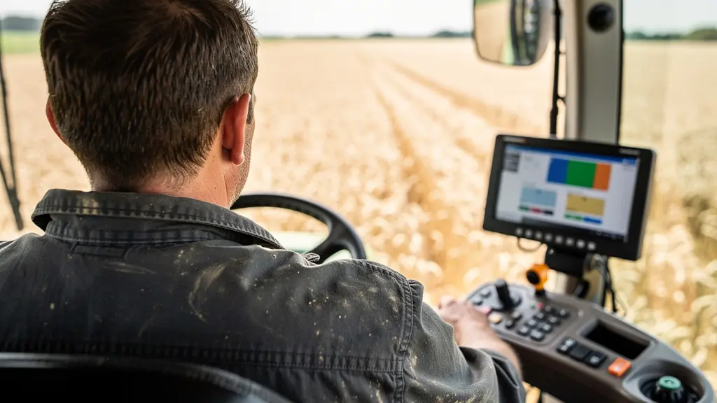 Vue depuis la cabine d'un tracteur avec écran de guidage parcellaire et champs visibles