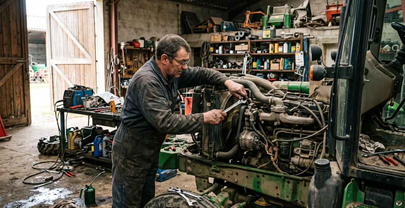 Mécanicien effectuant une opération de maintenance sur du matériel agricole dans un atelier d'exploitation française