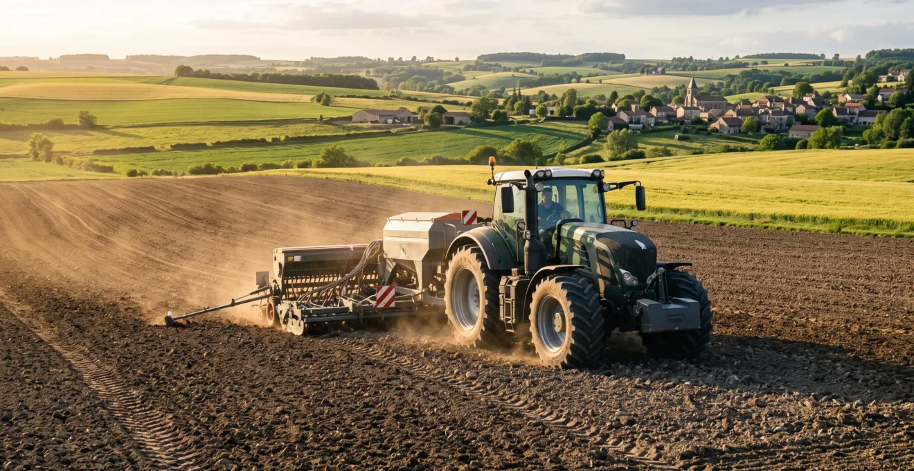 Tracteur agricole moderne au travail dans un champ cultivé d'une exploitation française