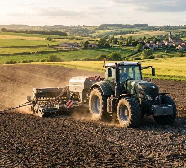 Tracteur agricole moderne au travail dans un champ cultivé d'une exploitation française