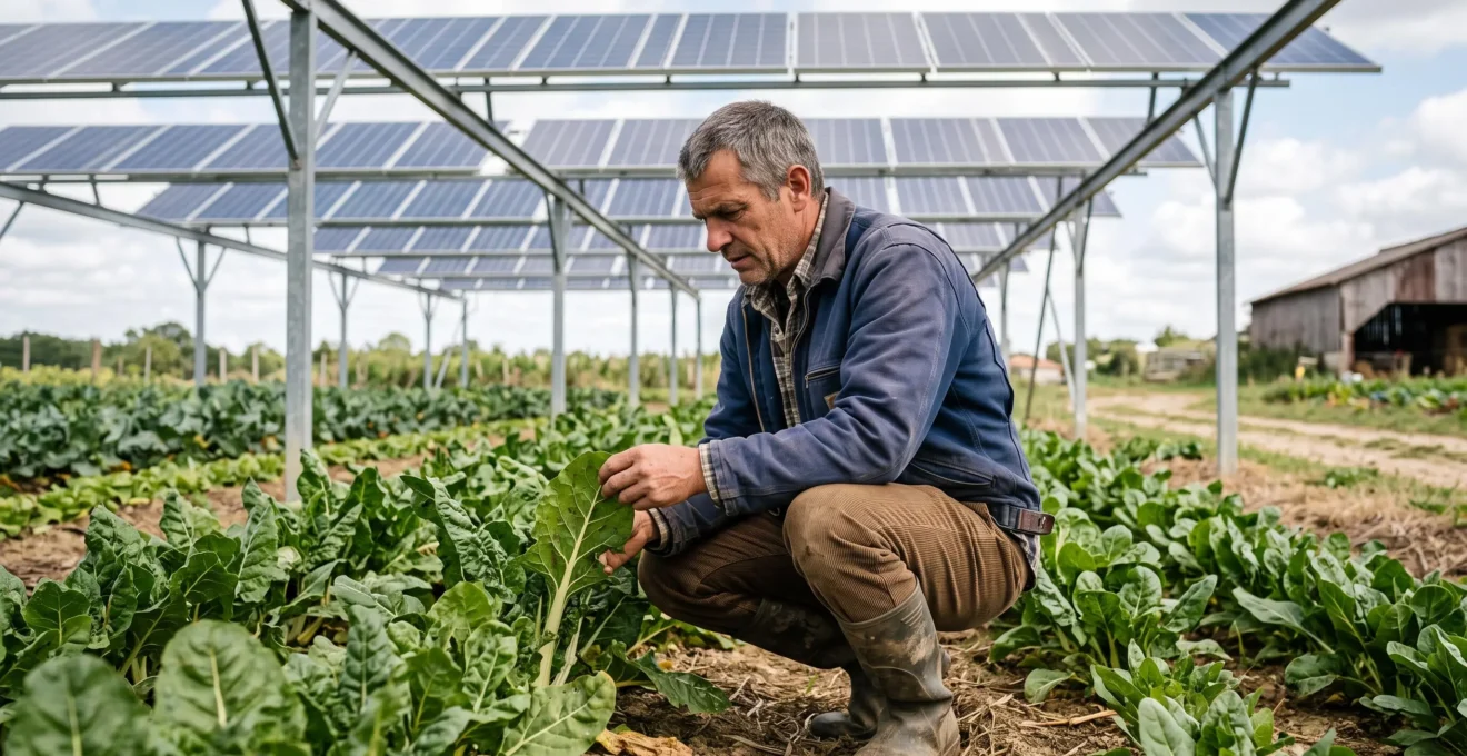 Agriculteur accroupi entre les rangées de cultures inspectant des légumes-feuilles cultivés sous des panneaux solaires agrivoltaïques