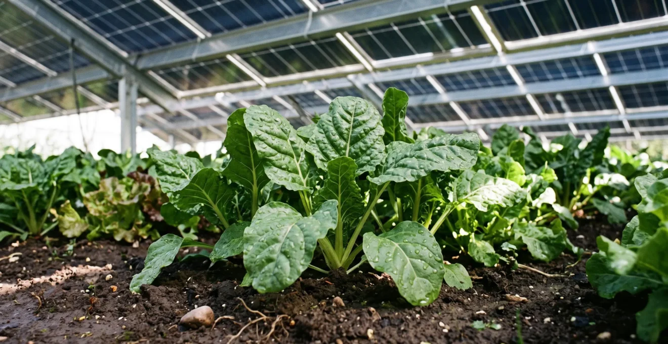 Gros plan sur des cultures de légumes-feuilles en bonne santé avec des gouttes d'eau, cultivées à l'ombre de panneaux solaires agrivoltaïques