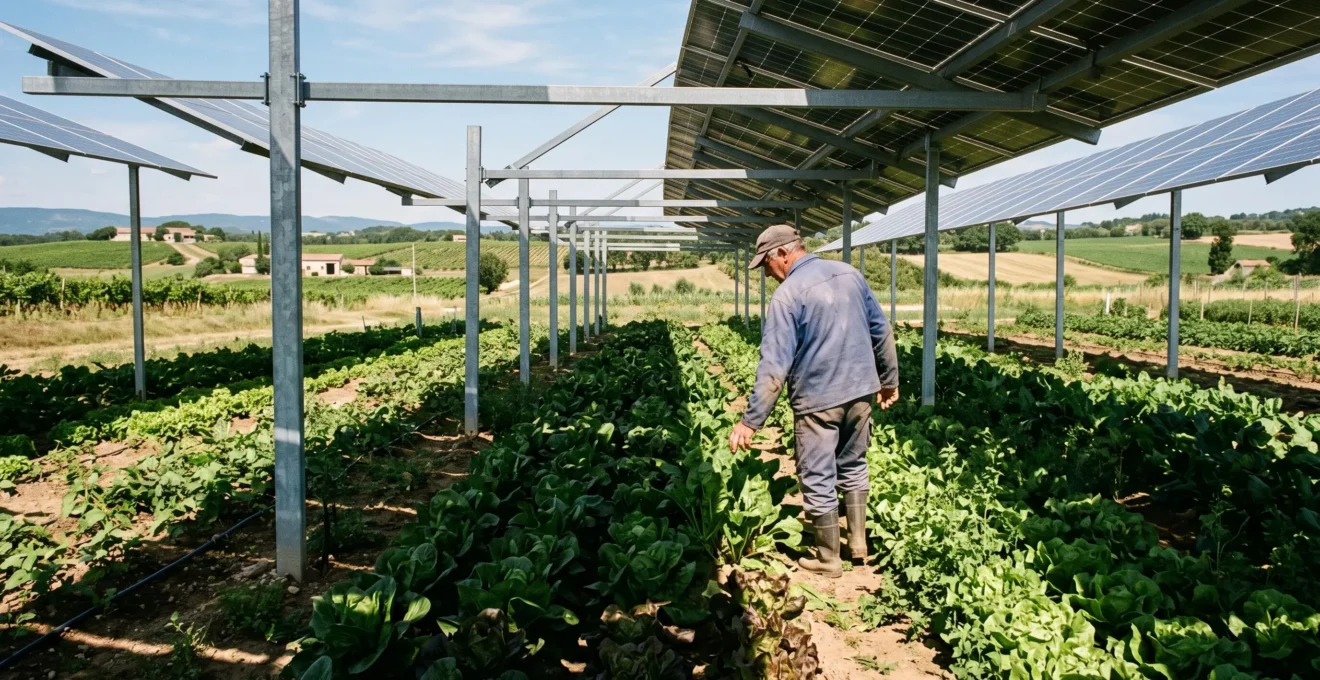 Agriculteur marchant entre les rangées de légumes cultivés sous des panneaux solaires agrivoltaïques surélevés dans un champ agricole français