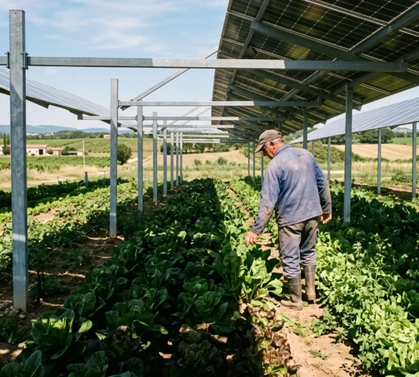 Agriculteur marchant entre les rangées de légumes cultivés sous des panneaux solaires agrivoltaïques surélevés dans un champ agricole français