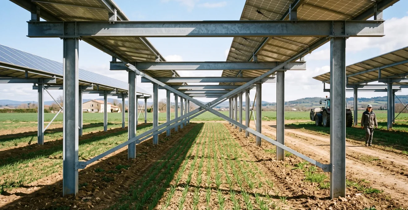 Structure de support métallique surélevée de panneaux solaires agrivoltaïques avec des cultures poussant au sol en dessous